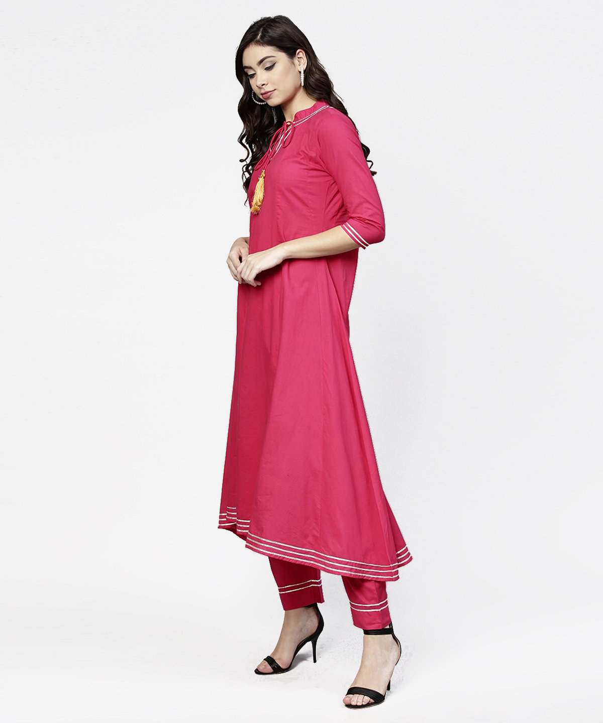 Pink 3/4Th Sleeve Cotton A-Line Kurta With Pink Palazzo | LASVINI - Redefining Indian Fashion with Elegance