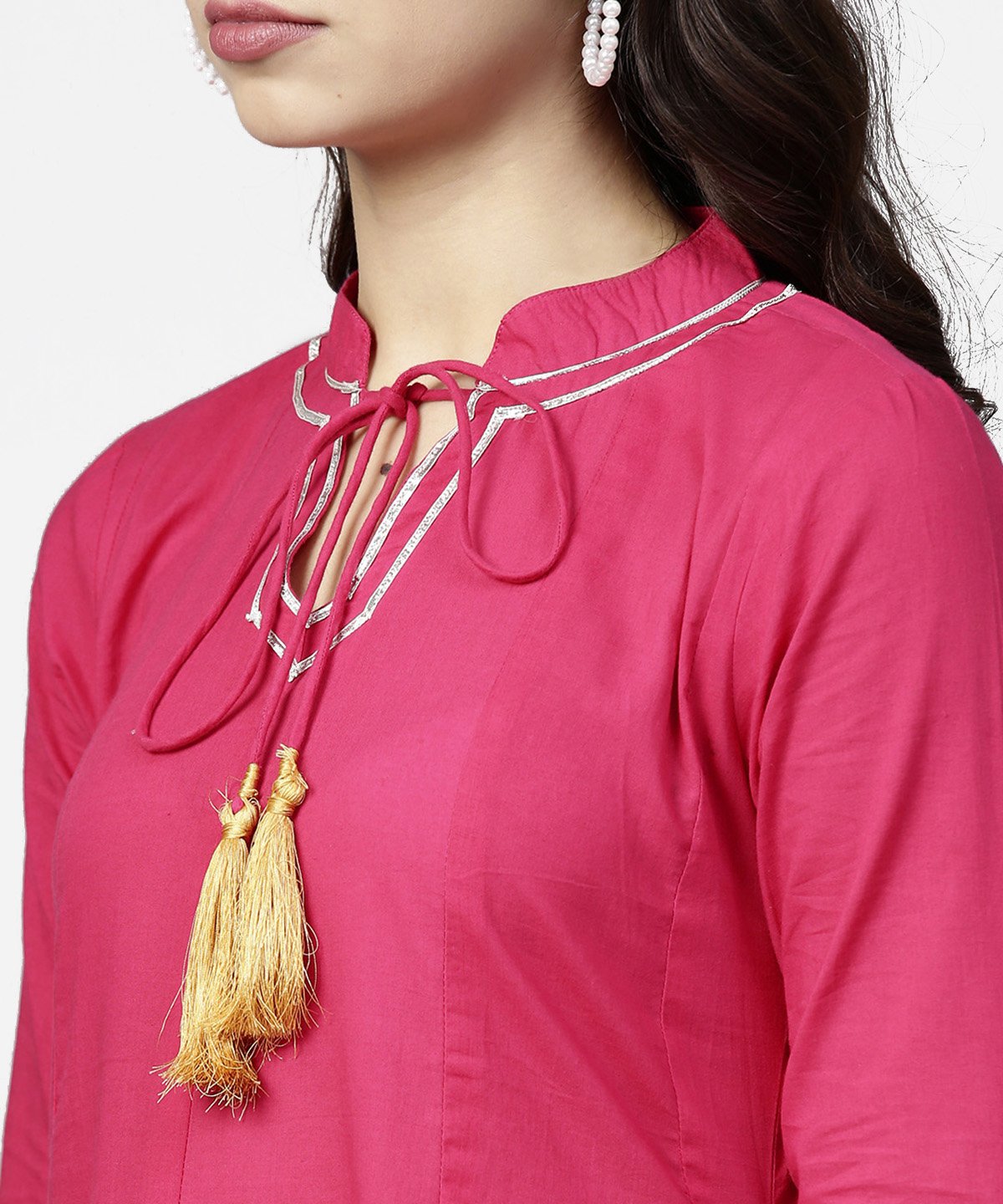 Pink 3/4Th Sleeve Cotton A-Line Kurta With Pink Palazzo | LASVINI - Redefining Indian Fashion with Elegance