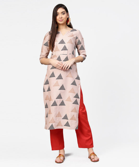 Beige Printed 3/4Th Sleeve Cotton Kurta With Maroon Ankle Length Pallazo | LASVINI - Redefining Indian Fashion with Elegance
