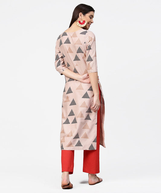 Beige Printed 3/4Th Sleeve Cotton Kurta With Maroon Ankle Length Pallazo | LASVINI - Redefining Indian Fashion with Elegance