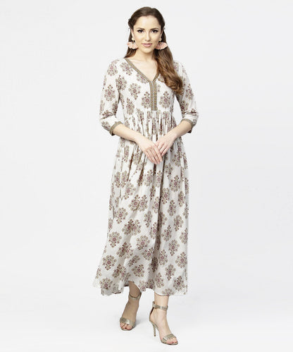 Off White Printed 3/4Th Sleeve Cotton Maxi Dress | LASVINI - Redefining Indian Fashion with Elegance