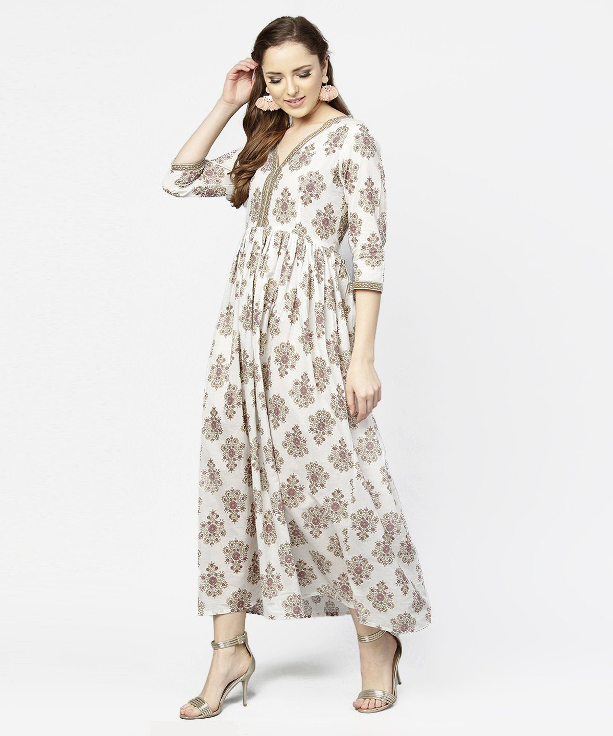 Off White Printed 3/4Th Sleeve Cotton Maxi Dress | LASVINI - Redefining Indian Fashion with Elegance