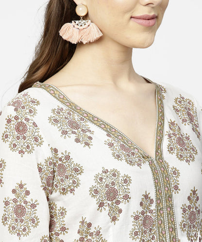 Off White Printed 3/4Th Sleeve Cotton Maxi Dress | LASVINI - Redefining Indian Fashion with Elegance