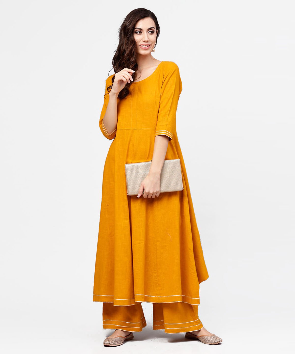 Yellow 3/4Th Sleeve Cotton Anarkali Kurta With Ankle Length Flared Pallazo With Gotta Work | LASVINI - Redefining Indian Fashion with Elegance