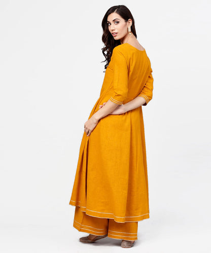 Yellow 3/4Th Sleeve Cotton Anarkali Kurta With Ankle Length Flared Pallazo With Gotta Work | LASVINI - Redefining Indian Fashion with Elegance