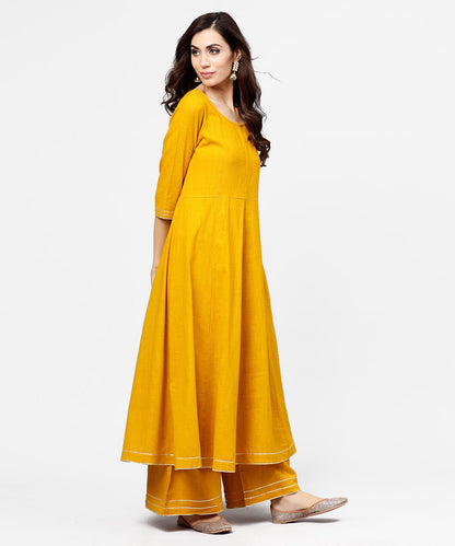 Yellow 3/4Th Sleeve Cotton Anarkali Kurta With Ankle Length Flared Pallazo With Gotta Work | LASVINI - Redefining Indian Fashion with Elegance
