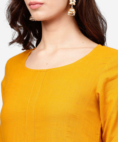 Yellow 3/4Th Sleeve Cotton Anarkali Kurta With Ankle Length Flared Pallazo With Gotta Work | LASVINI - Redefining Indian Fashion with Elegance