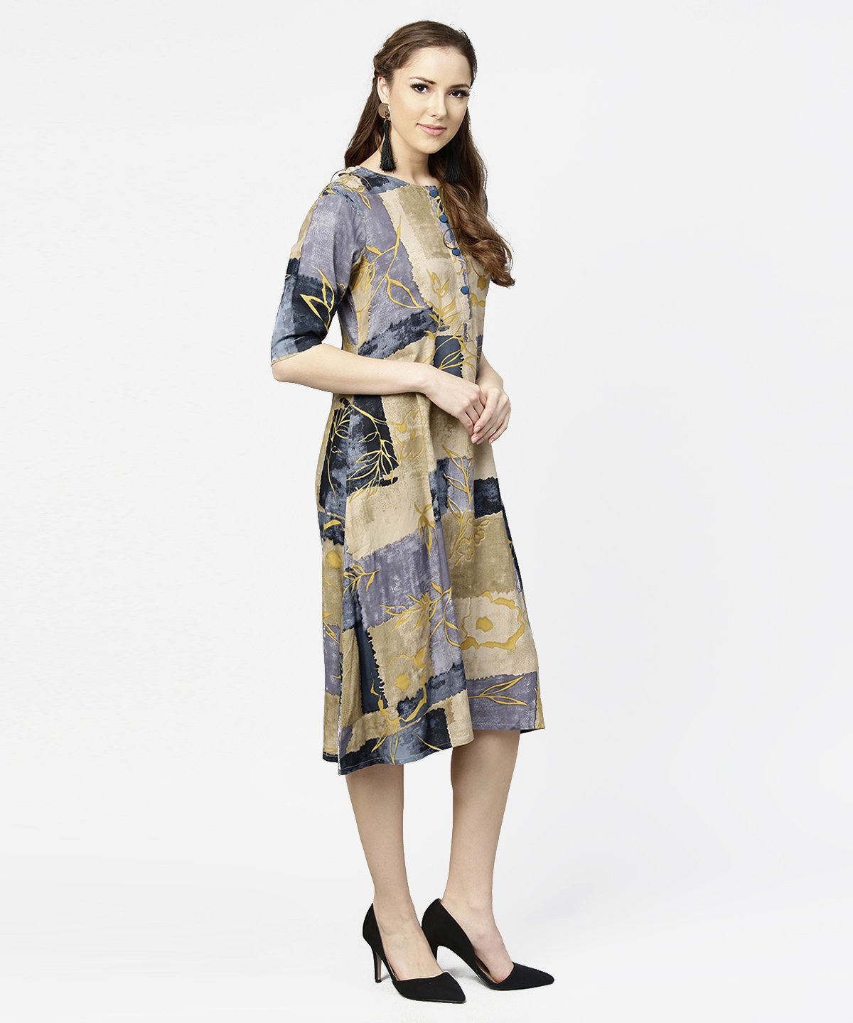 Brown & Blue Printed Half Sleeve Cotton A-Line Dress | LASVINI - Redefining Indian Fashion with Elegance