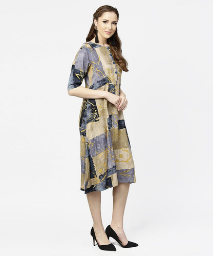 Brown & Blue Printed Half Sleeve Cotton A-Line Dress | LASVINI - Redefining Indian Fashion with Elegance