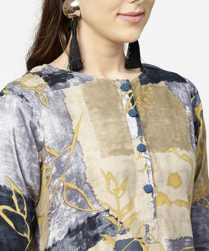 Brown & Blue Printed Half Sleeve Cotton A-Line Dress | LASVINI - Redefining Indian Fashion with Elegance