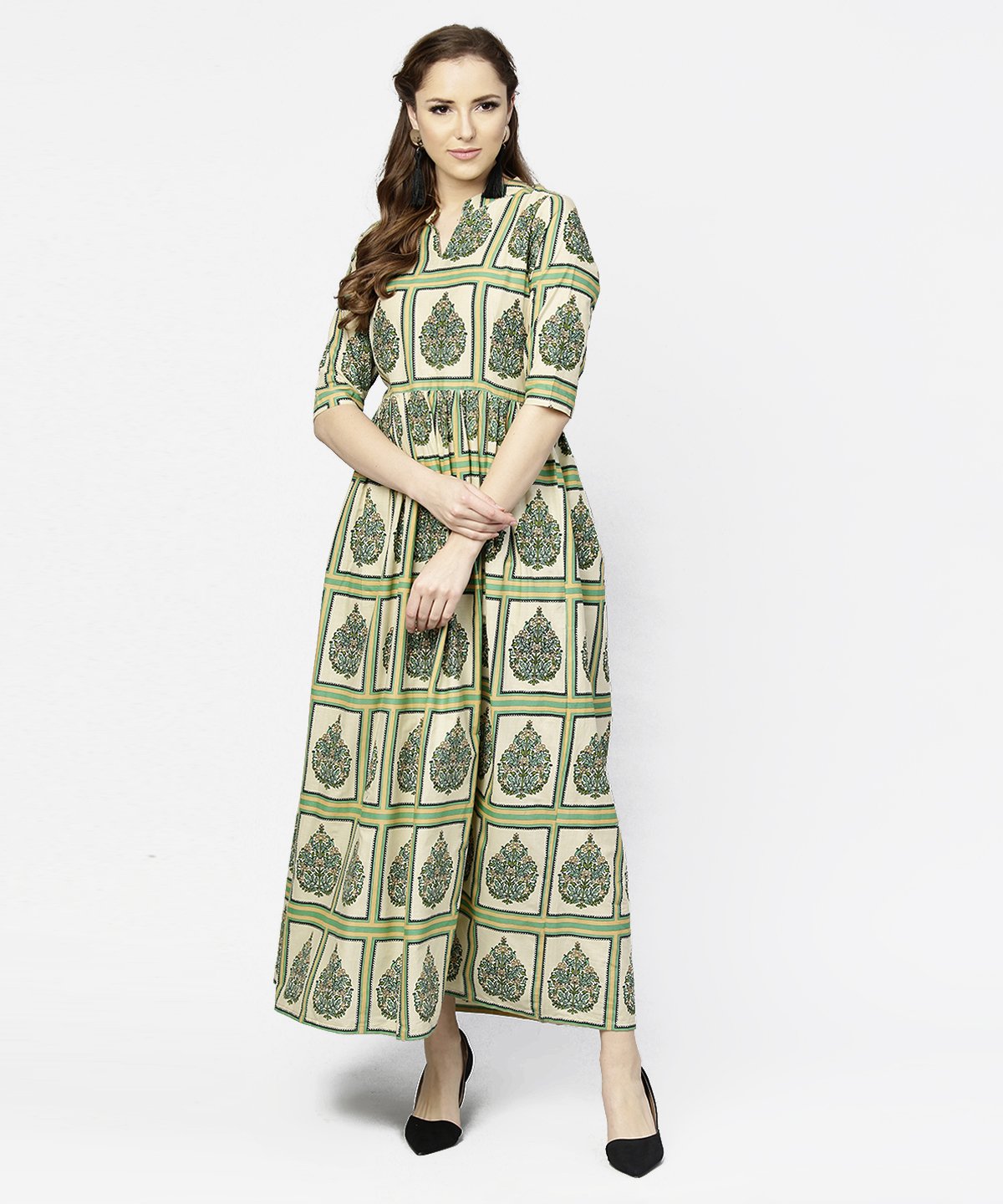 Green Printed Half Sleeve Cotton Maxi Dress | LASVINI - Redefining Indian Fashion with Elegance