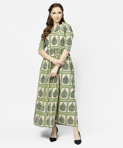 Green Printed Half Sleeve Cotton Maxi Dress | LASVINI - Redefining Indian Fashion with Elegance