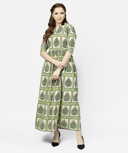Green Printed Half Sleeve Cotton Maxi Dress | LASVINI - Redefining Indian Fashion with Elegance