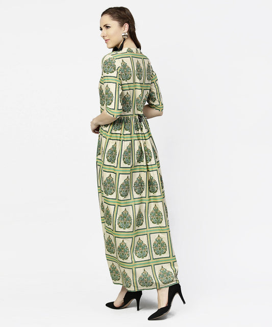 Green Printed Half Sleeve Cotton Maxi Dress | LASVINI - Redefining Indian Fashion with Elegance
