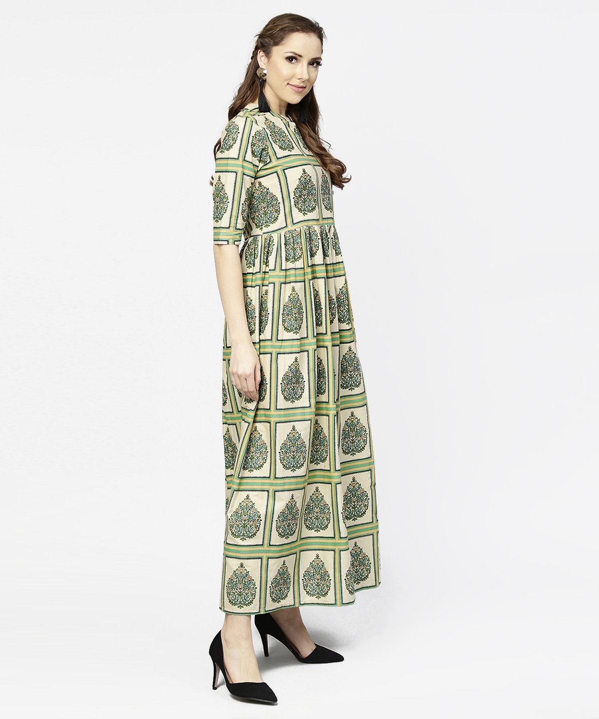 Green Printed Half Sleeve Cotton Maxi Dress | LASVINI - Redefining Indian Fashion with Elegance