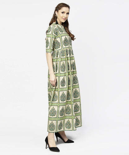 Green Printed Half Sleeve Cotton Maxi Dress | LASVINI - Redefining Indian Fashion with Elegance