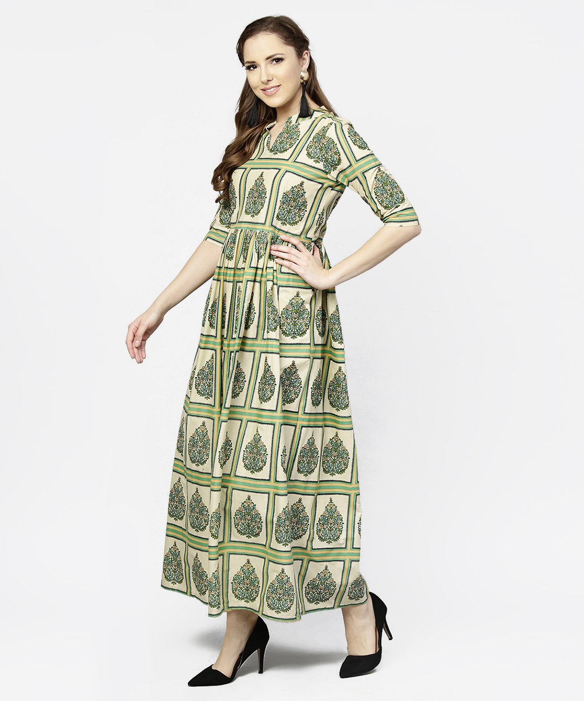 Green Printed Half Sleeve Cotton Maxi Dress | LASVINI - Redefining Indian Fashion with Elegance