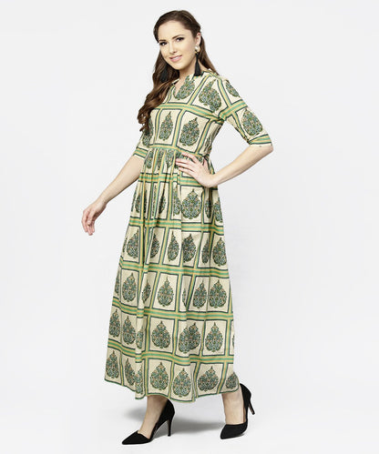 Green Printed Half Sleeve Cotton Maxi Dress | LASVINI - Redefining Indian Fashion with Elegance