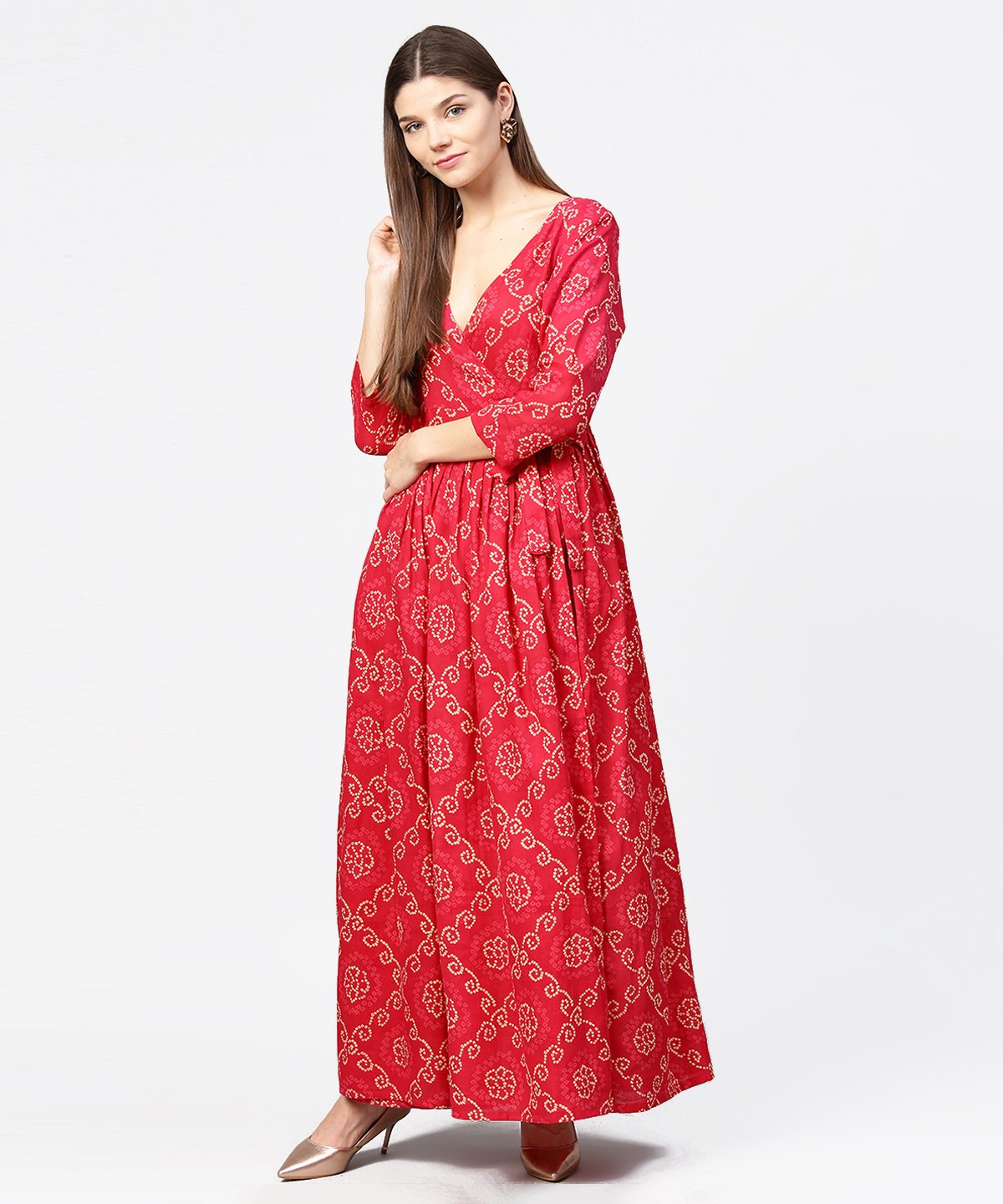 Red Printed 3/4Th Sleeve Cotton Maxi Dress | LASVINI - Redefining Indian Fashion with Elegance