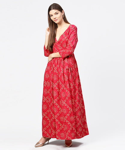 Red Printed 3/4Th Sleeve Cotton Maxi Dress | LASVINI - Redefining Indian Fashion with Elegance