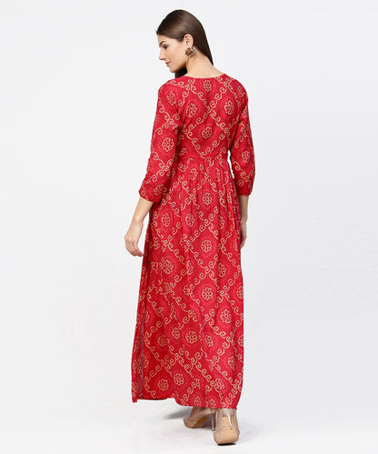 Red Printed 3/4Th Sleeve Cotton Maxi Dress | LASVINI - Redefining Indian Fashion with Elegance
