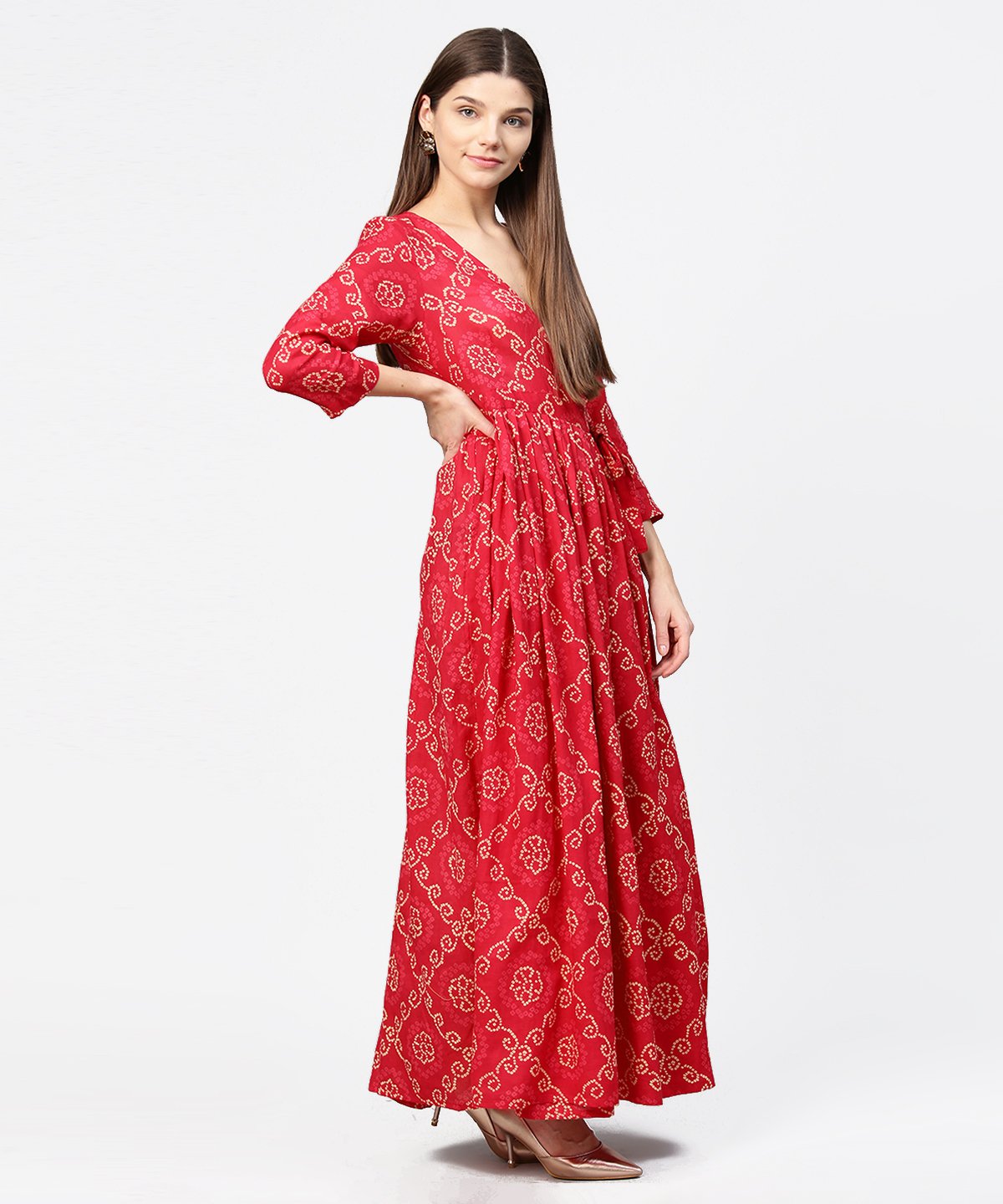 Red Printed 3/4Th Sleeve Cotton Maxi Dress | LASVINI - Redefining Indian Fashion with Elegance