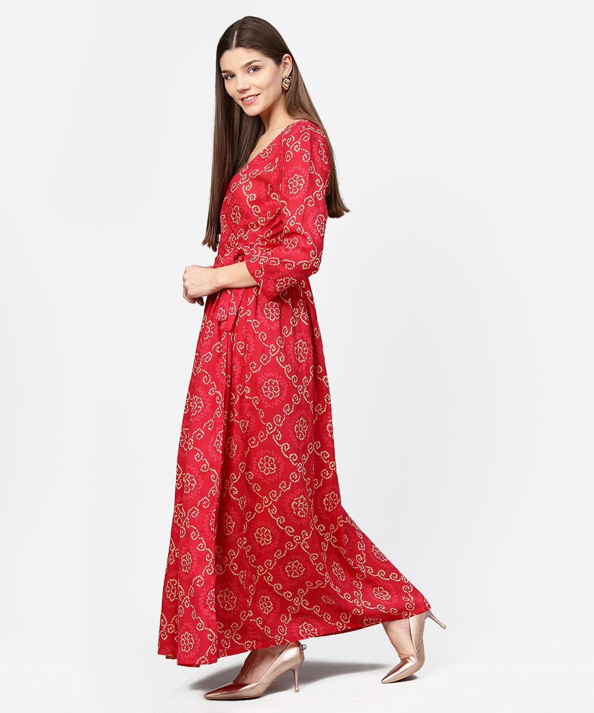 Red Printed 3/4Th Sleeve Cotton Maxi Dress | LASVINI - Redefining Indian Fashion with Elegance