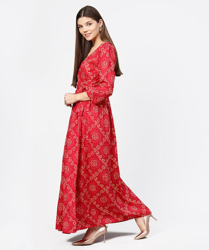 Red Printed 3/4Th Sleeve Cotton Maxi Dress | LASVINI - Redefining Indian Fashion with Elegance