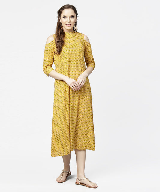 Yellow Printed 3/4Th Cold Shoulder Sleeve Cotton Maxi Dress | LASVINI - Redefining Indian Fashion with Elegance