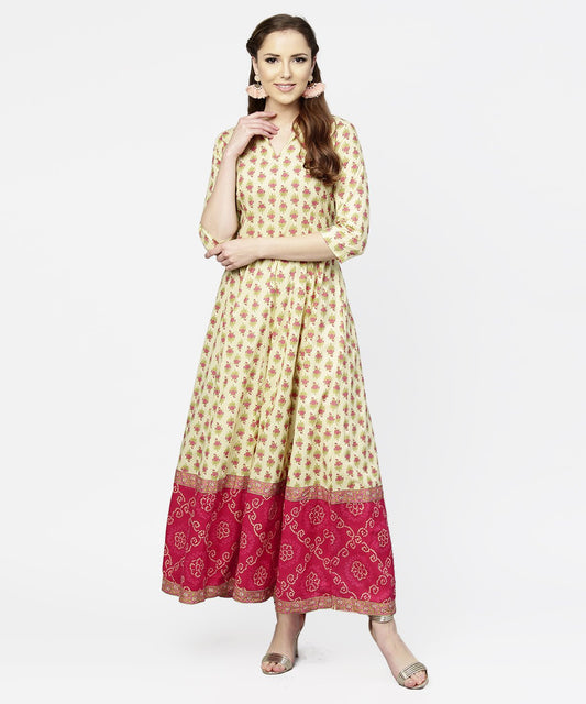 Cream & Red  Printed 3/4Th Sleeve Cotton Maxi Dress With Red Printed Border | LASVINI - Redefining Indian Fashion with Elegance