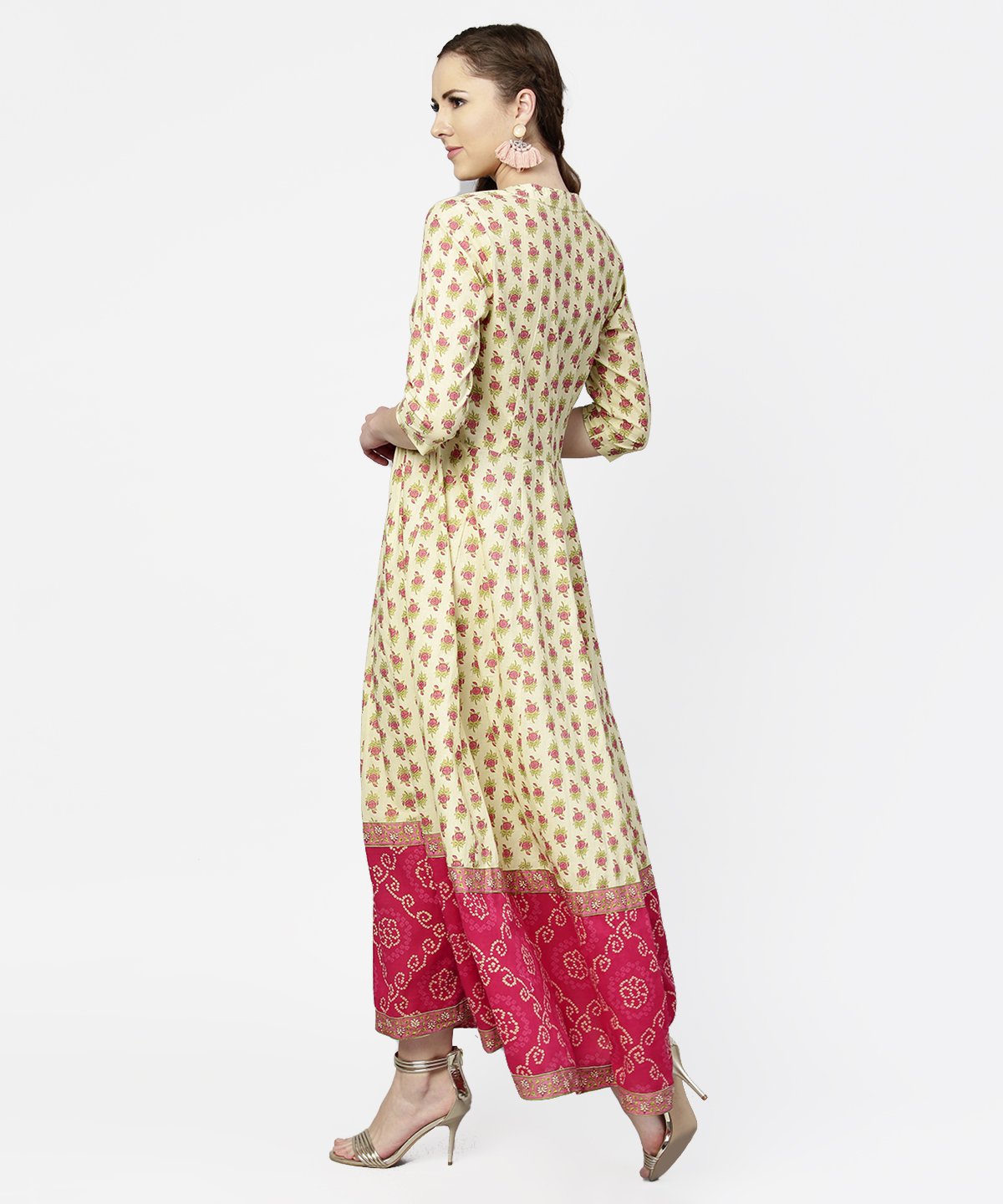 Cream & Red  Printed 3/4Th Sleeve Cotton Maxi Dress With Red Printed Border | LASVINI - Redefining Indian Fashion with Elegance