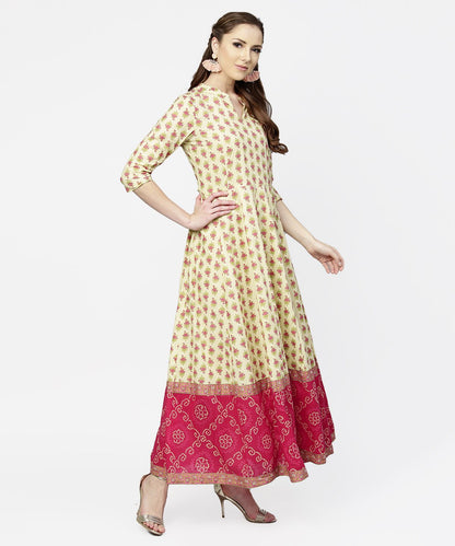 Cream & Red  Printed 3/4Th Sleeve Cotton Maxi Dress With Red Printed Border | LASVINI - Redefining Indian Fashion with Elegance