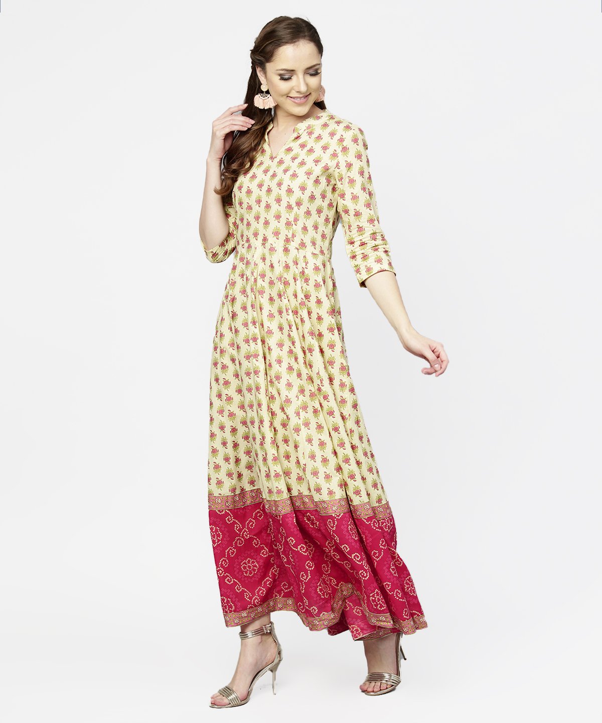 Cream & Red  Printed 3/4Th Sleeve Cotton Maxi Dress With Red Printed Border | LASVINI - Redefining Indian Fashion with Elegance