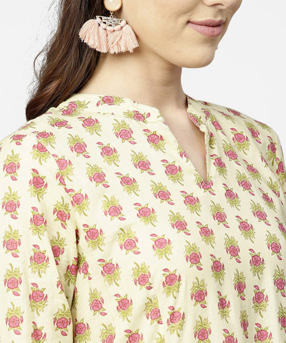 Cream & Red  Printed 3/4Th Sleeve Cotton Maxi Dress With Red Printed Border | LASVINI - Redefining Indian Fashion with Elegance