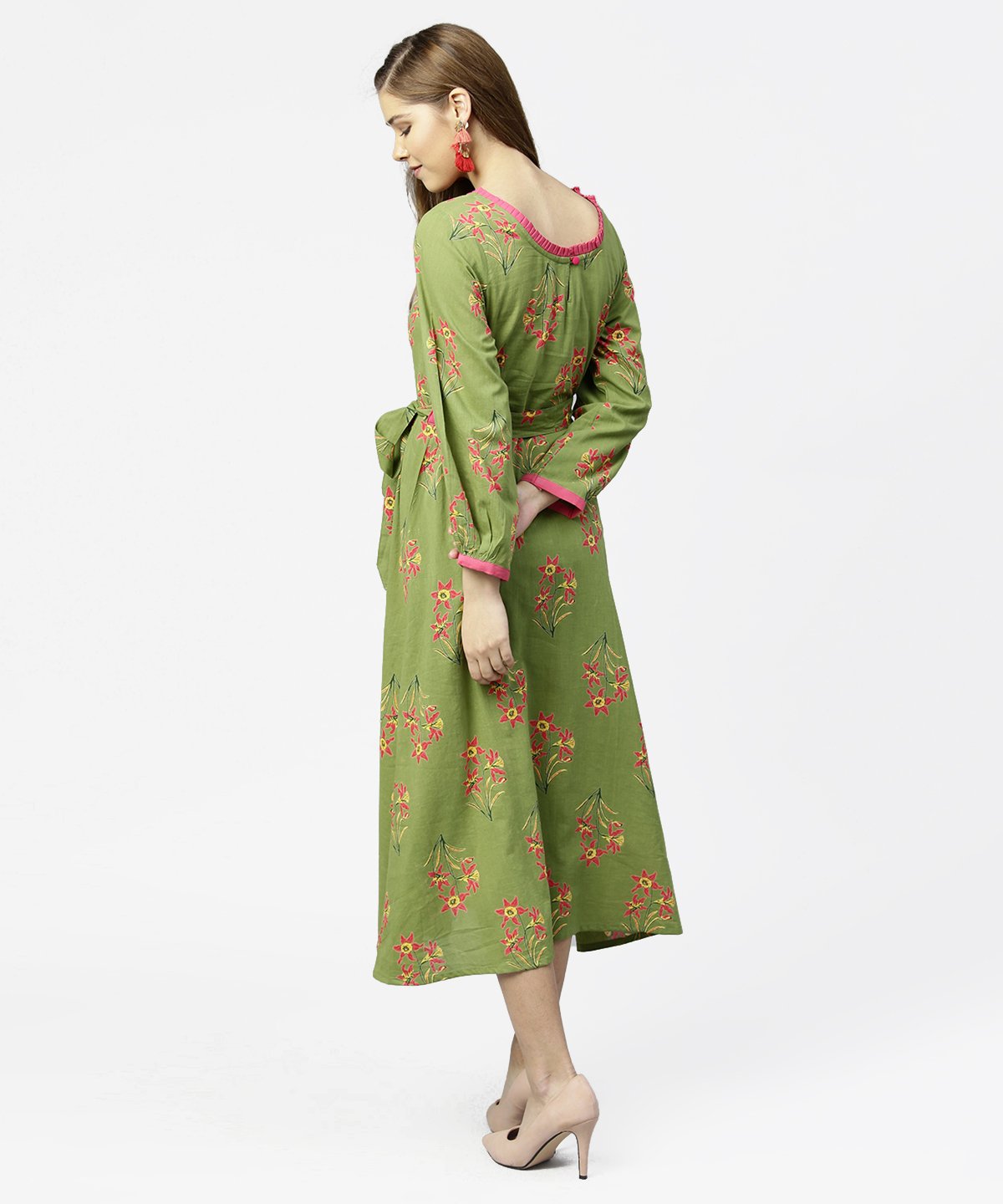 Green Printed 3/4Th Sleeve Cotton Maxi Dress With Belt | LASVINI - Redefining Indian Fashion with Elegance
