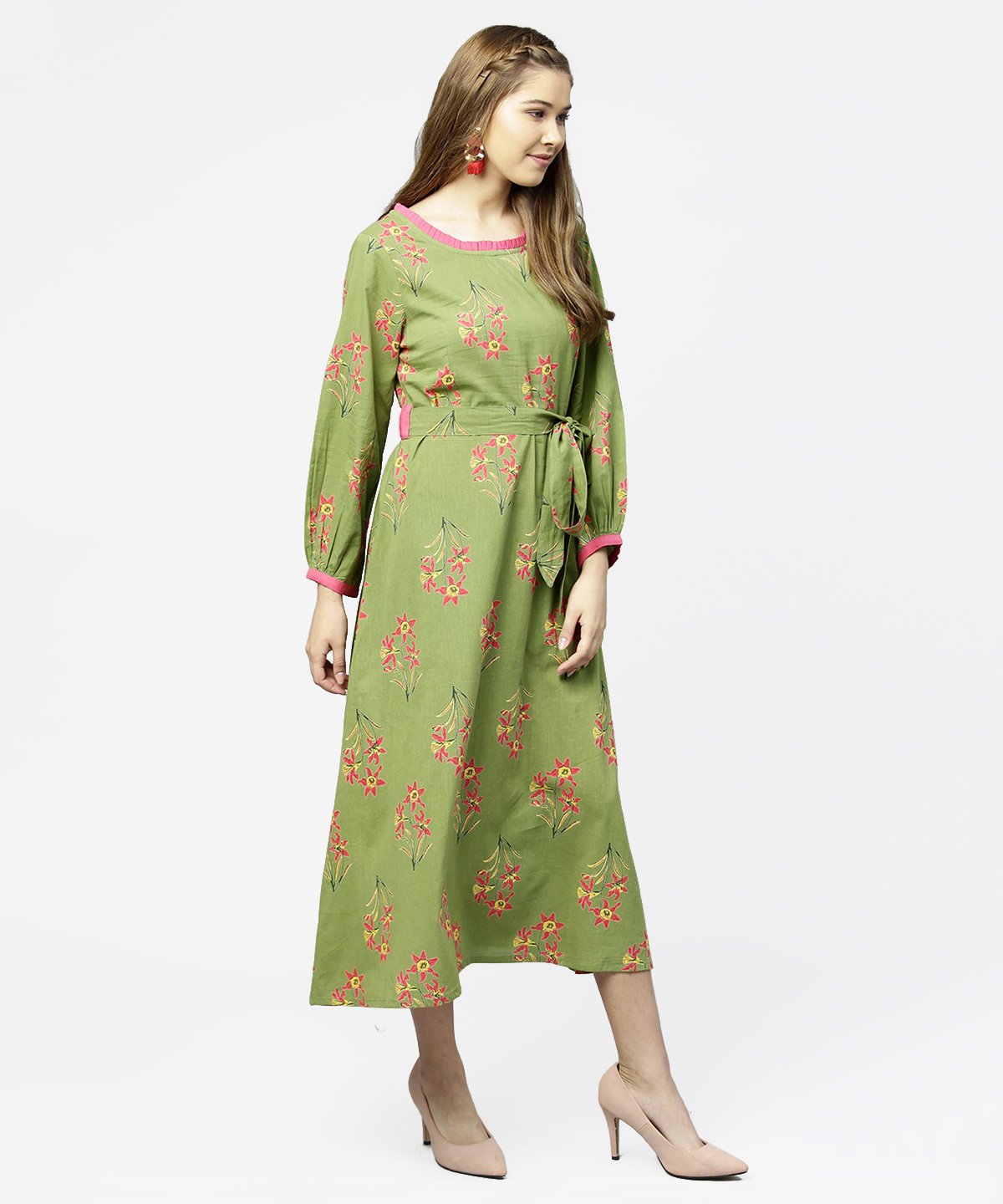 Green Printed 3/4Th Sleeve Cotton Maxi Dress With Belt | LASVINI - Redefining Indian Fashion with Elegance