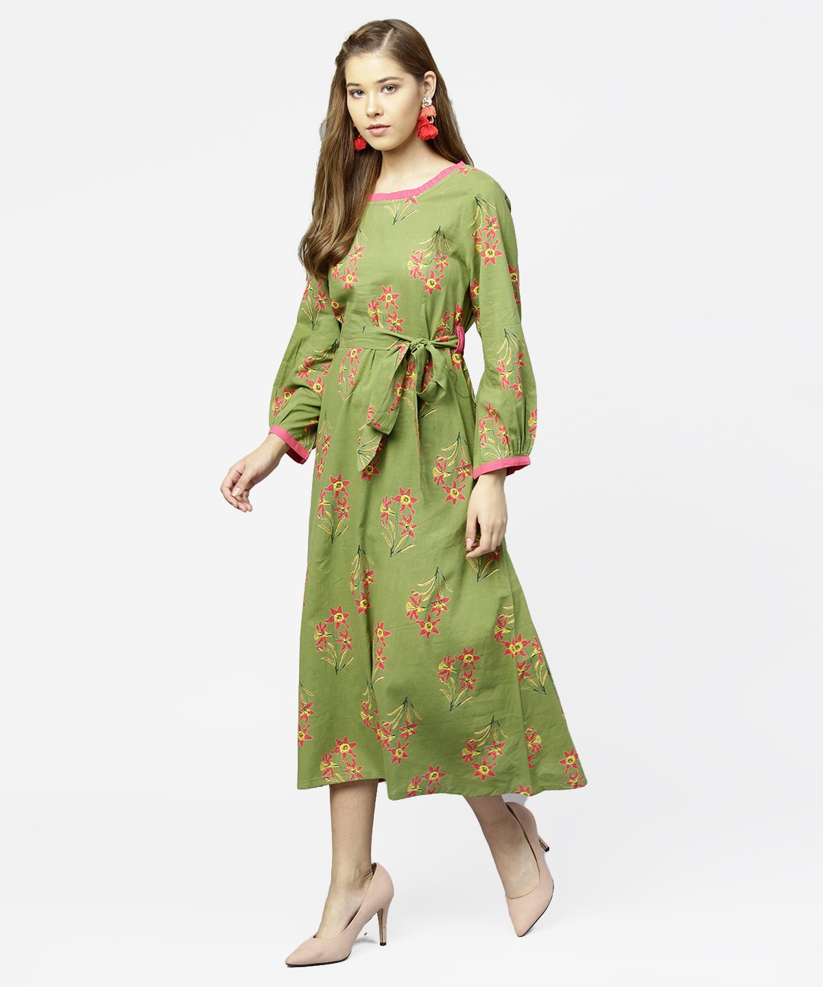 Green Printed 3/4Th Sleeve Cotton Maxi Dress With Belt | LASVINI - Redefining Indian Fashion with Elegance