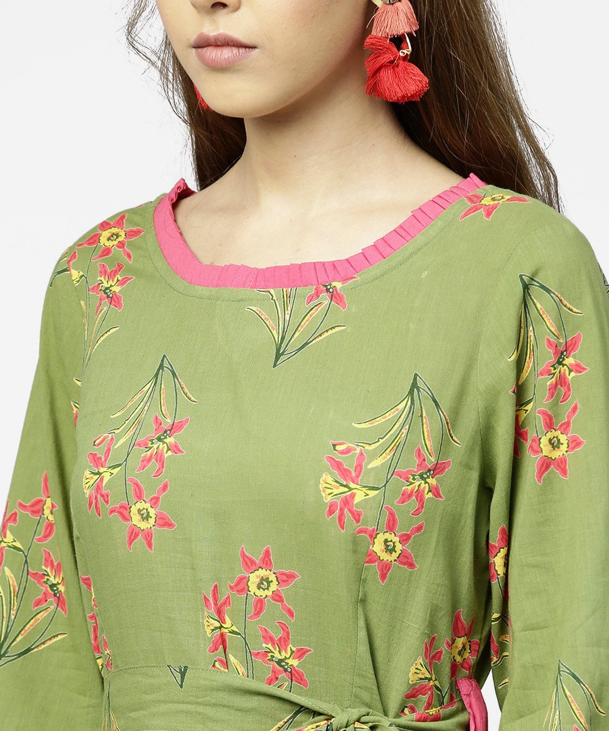 Green Printed 3/4Th Sleeve Cotton Maxi Dress With Belt | LASVINI - Redefining Indian Fashion with Elegance