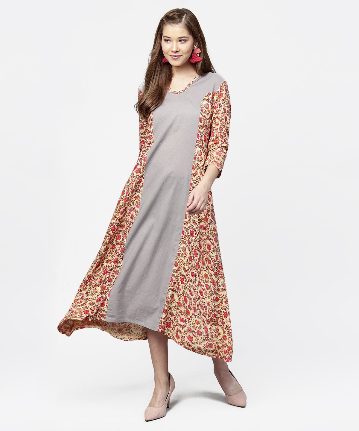 Red & Grey Printed 3/4Th Sleeve Cotton A-Line Dress | LASVINI - Redefining Indian Fashion with Elegance