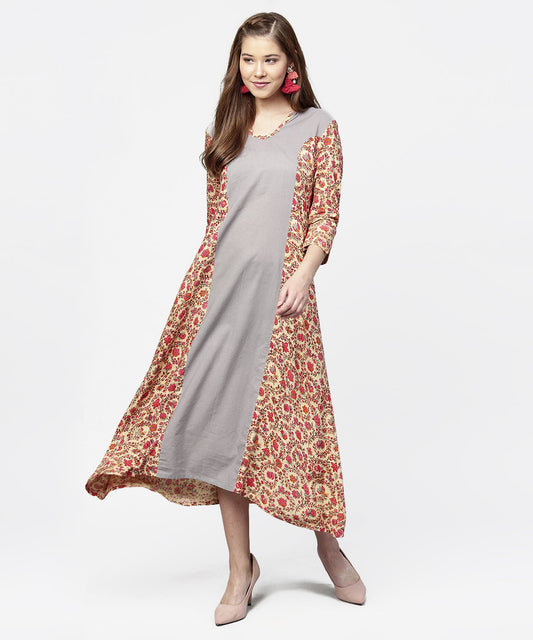 Red & Grey Printed 3/4Th Sleeve Cotton A-Line Dress | LASVINI - Redefining Indian Fashion with Elegance