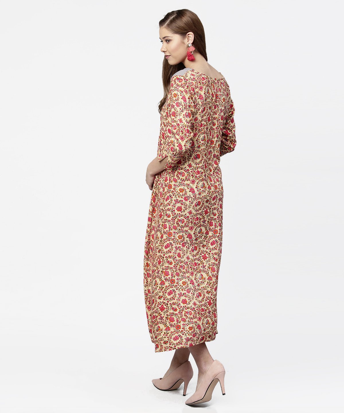 Red & Grey Printed 3/4Th Sleeve Cotton A-Line Dress | LASVINI - Redefining Indian Fashion with Elegance