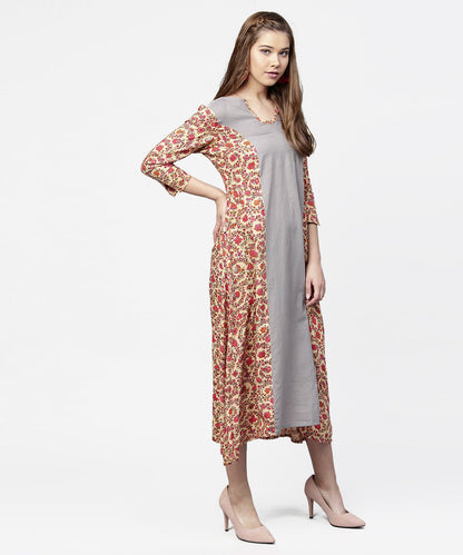 Red & Grey Printed 3/4Th Sleeve Cotton A-Line Dress | LASVINI - Redefining Indian Fashion with Elegance