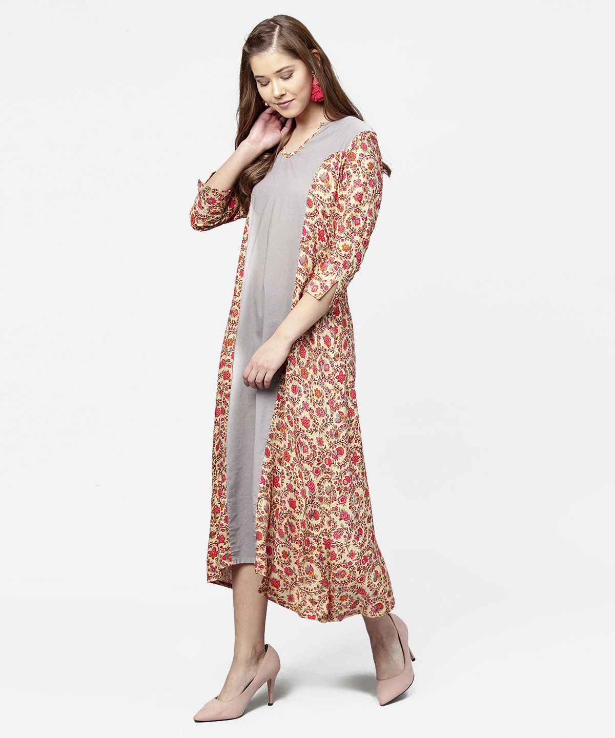 Red & Grey Printed 3/4Th Sleeve Cotton A-Line Dress | LASVINI - Redefining Indian Fashion with Elegance