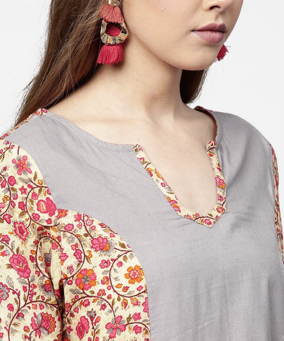 Red & Grey Printed 3/4Th Sleeve Cotton A-Line Dress | LASVINI - Redefining Indian Fashion with Elegance