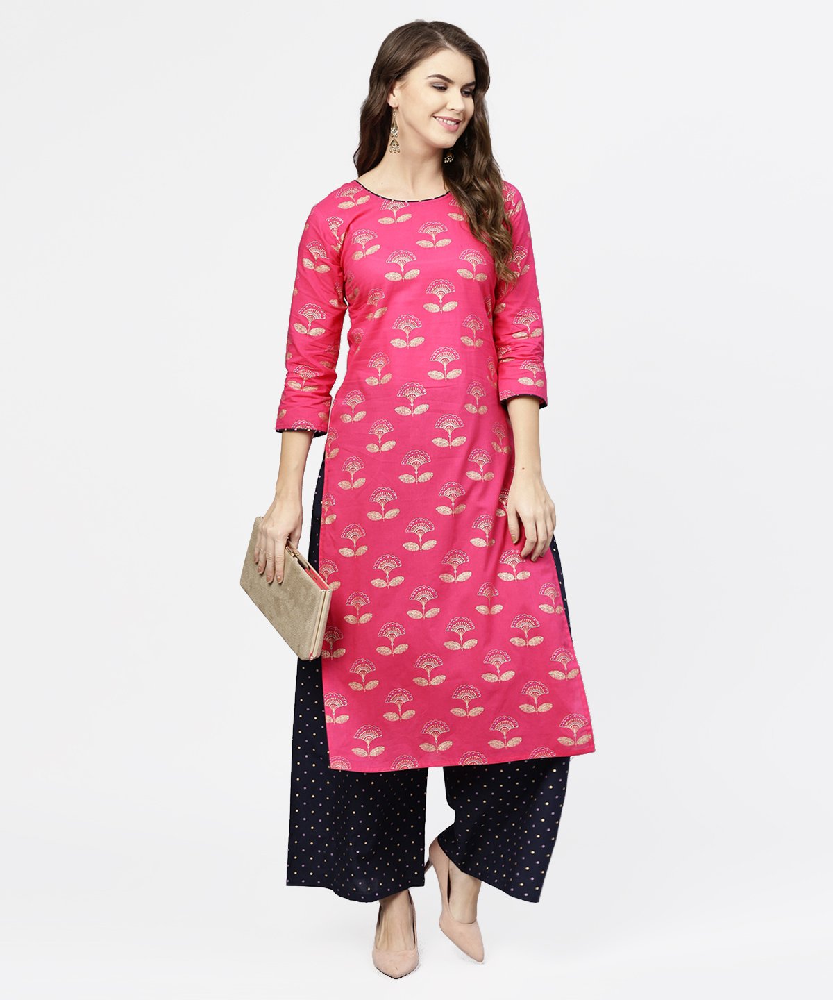 Pink 3/4Th Sleeve Cotton Printed Kurta With Black Printed Ankle Length Pallazo | LASVINI - Redefining Indian Fashion with Elegance