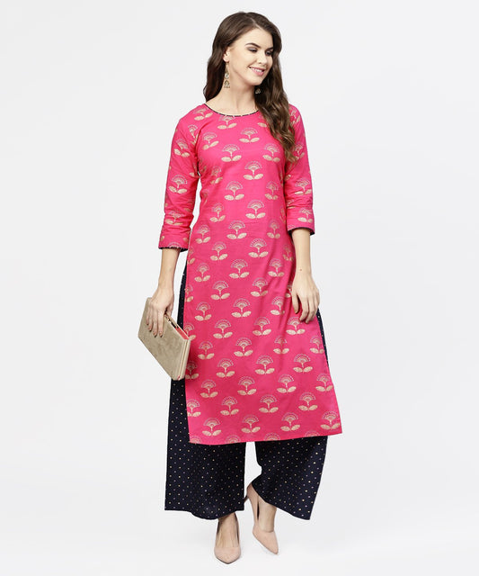Pink 3/4Th Sleeve Cotton Printed Kurta With Black Printed Ankle Length Pallazo | LASVINI - Redefining Indian Fashion with Elegance