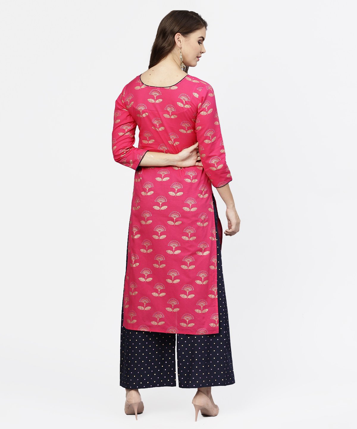 Pink 3/4Th Sleeve Cotton Printed Kurta With Black Printed Ankle Length Pallazo | LASVINI - Redefining Indian Fashion with Elegance