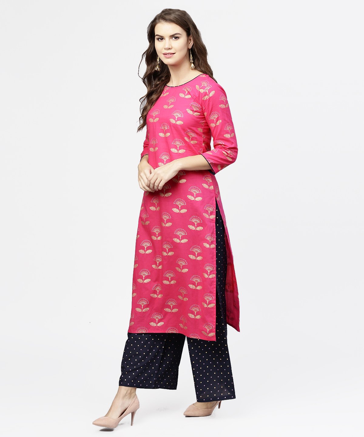 Pink 3/4Th Sleeve Cotton Printed Kurta With Black Printed Ankle Length Pallazo | LASVINI - Redefining Indian Fashion with Elegance