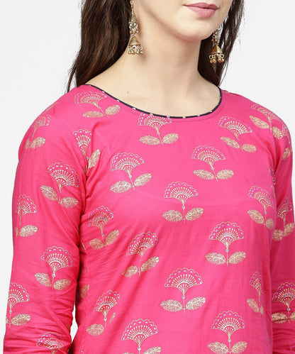 Pink 3/4Th Sleeve Cotton Printed Kurta With Black Printed Ankle Length Pallazo | LASVINI - Redefining Indian Fashion with Elegance