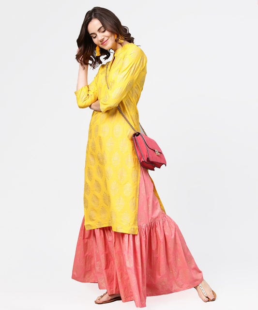Yellow Golden Printed 3/4Th Sleeve Kurta With Pink Ankle Length Sharara | LASVINI - Redefining Indian Fashion with Elegance